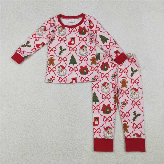 X109 GLP2807 Pink plaid long-sleeved trousers pajama set with Santa Claus stocking and bow pattern