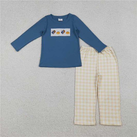 X10.11 BLP1176 Embroidered turkey and pumpkin blue long-sleeved plaid pant suit