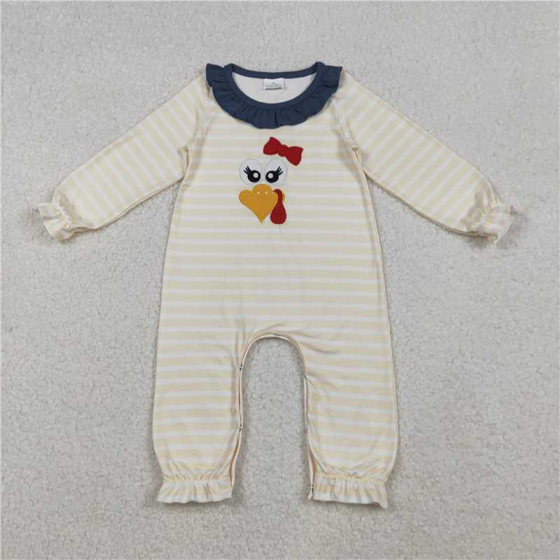 X108  LR2424 Beige long-sleeved bodysuit with embroidered turkey stripes and blue lace