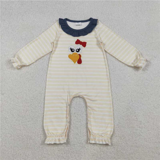 X108  LR2424 Beige long-sleeved bodysuit with embroidered turkey stripes and blue lace