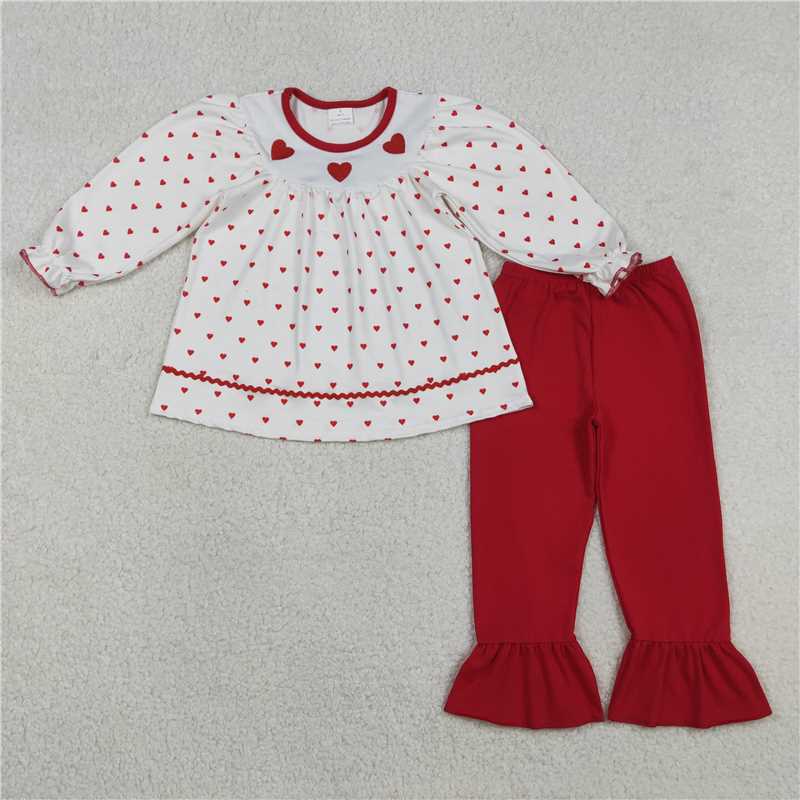 X12.25 GLP3039 Embroidered Valentine's Day Heart White Long-Sleeved Shirt and Red Pants Set