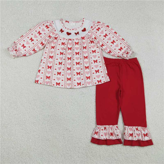 X12.25 GLP2888 Embroidered Valentine's Day Bow Pattern Heart White Long-Sleeved Trousers Set