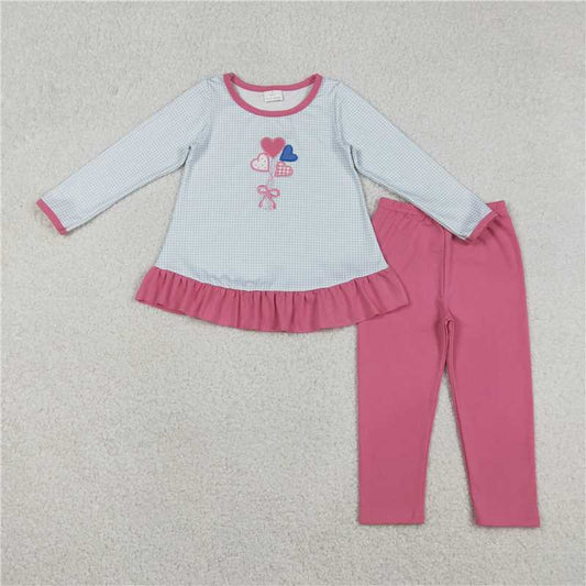 X12.26 GLP2929 Embroidered Heart, Balloon, Bow, Plaid Long-Sleeve and Pants Set