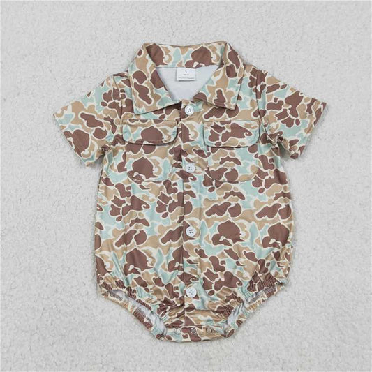 X1.1 SR3655 Blue-green-brown camouflage pocket button collar short-sleeved jumpsuit