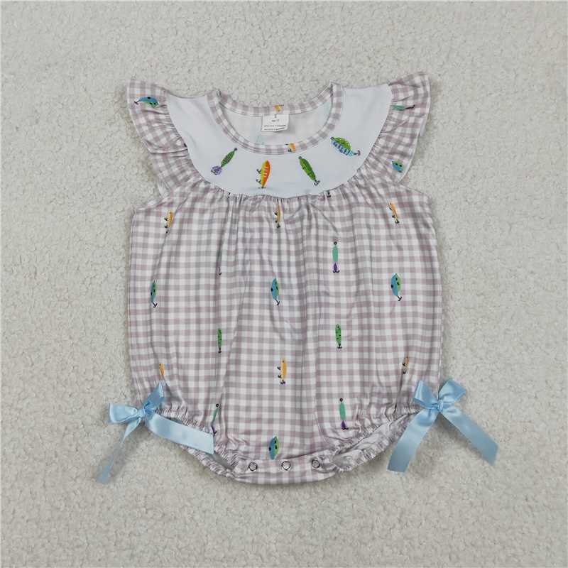 X12.26  SR3395 Embroidered Fishing Bait Gray Check Vest Jumpsuit