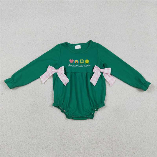 X12.27 LR2839 Embroidered Heart Rainbow Four-Leaf Clover Pink and White Checkered Bow Green Long-Sleeved Jumpsuit
