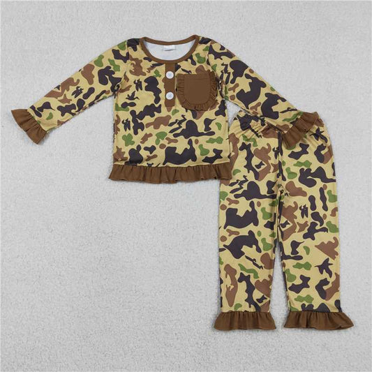 X12.25  GLP1355 Brown Camouflage Lace Pocket Long-Sleeved Pants Pajama Set