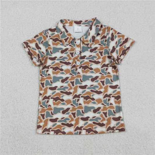 X12.30  BT1355 Dark brown-green camouflage beige button-down short-sleeved top