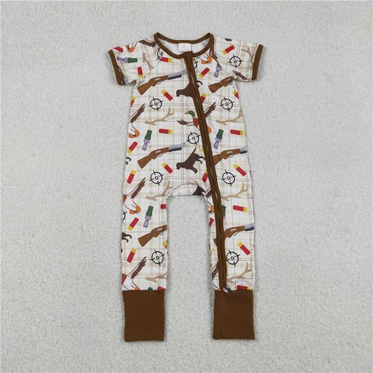 X1.2 SR3497 Duck and Puppy Shotgun Plaid Zipper Short-Sleeve Jumpsuit