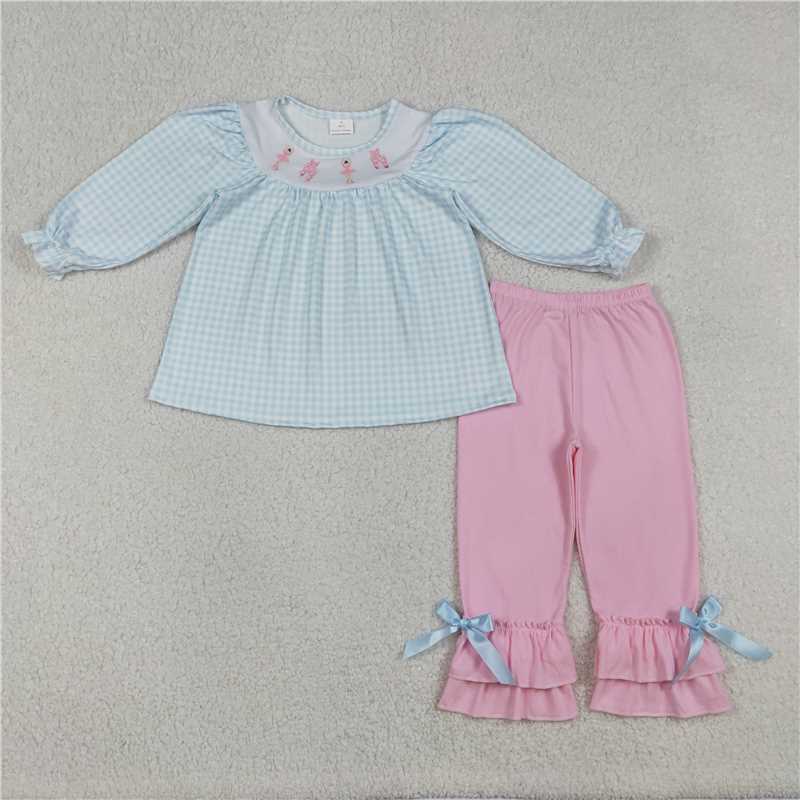 X12.25 GLP2925 Embroidered Ballet Flats, Blue and White Checkered Long-Sleeved Pink Trousers Set
