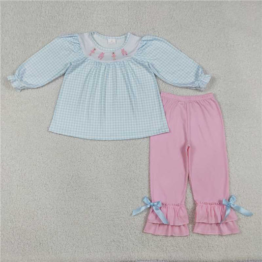 X12.25 GLP2925 Embroidered Ballet Flats, Blue and White Checkered Long-Sleeved Pink Trousers Set