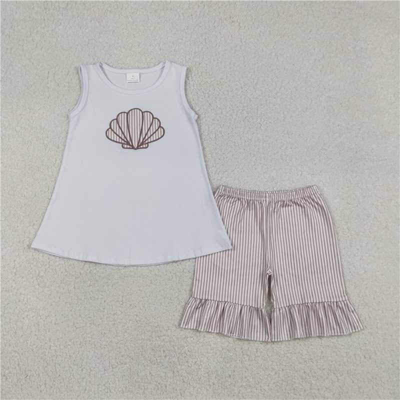 X12.29  GSSO2787 Embroidered Seashell White Sleeveless Striped Shorts Set