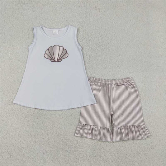 X12.29  GSSO2787 Embroidered Seashell White Sleeveless Striped Shorts Set