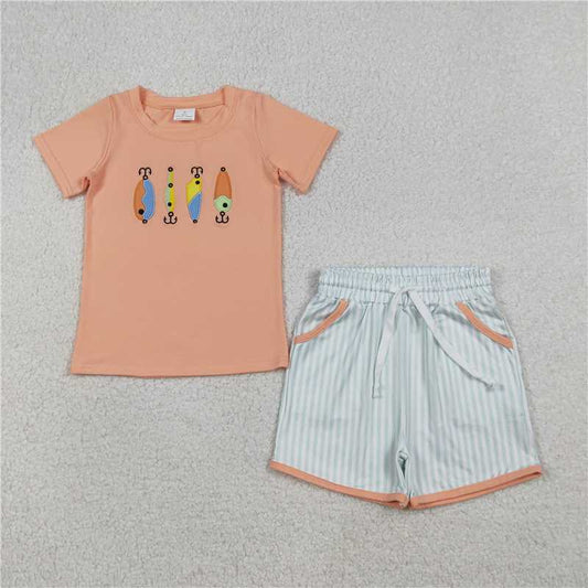 X1.10 BSSO1606 Embroidered Fishing Hook Orange Short-Sleeved Striped Shorts Set