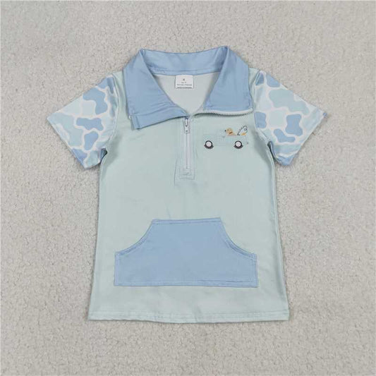 X12.30 BT1534 Fishing Truck Puppy Camouflage Blue-Green Zipper Short-Sleeve Shirt
