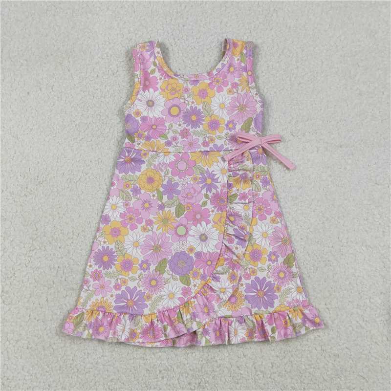 X12.23  GSD3095 Pink Bow with Colorful Floral Lace Yoga Sleeveless Dress