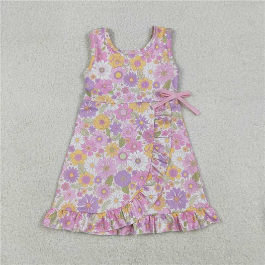 X12.23  GSD3095 Pink Bow with Colorful Floral Lace Yoga Sleeveless Dress