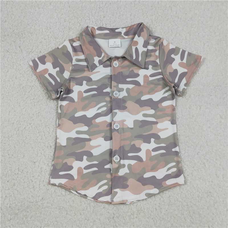 X12.30 BT1565 Gray-brown-green camouflage button-down short-sleeved top