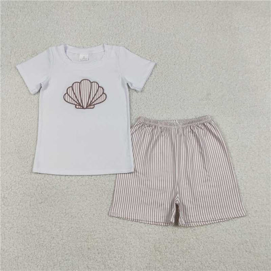 X1.10  BSSO1618 Embroidered Seashell White Short-Sleeve Striped Shorts Set
