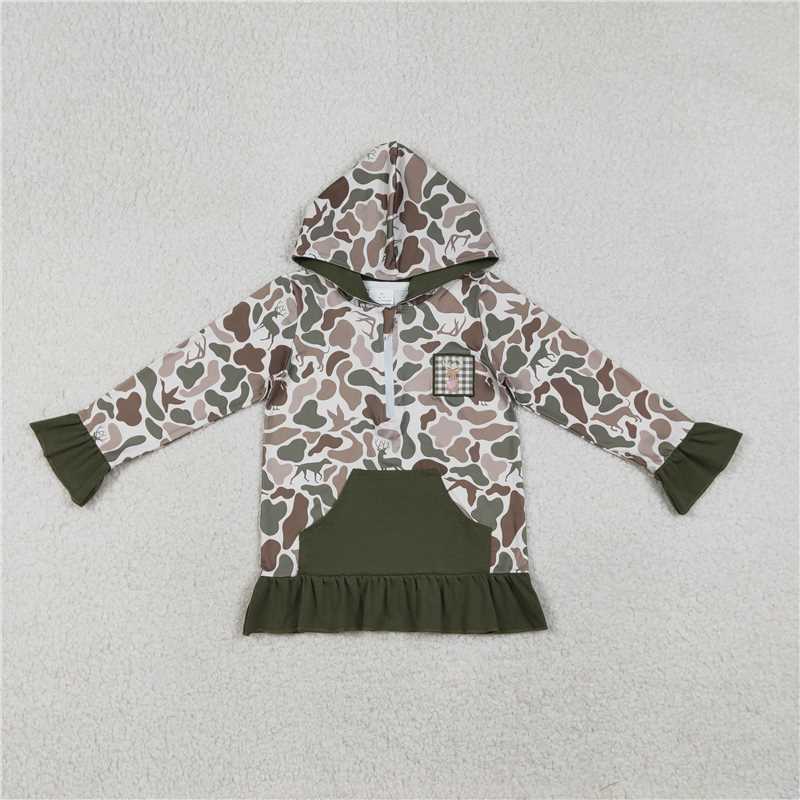 X1.9  GT1136 Embroidered Reindeer Camouflage Green Pocket Lace Zipper Hooded Long-Sleeved Top