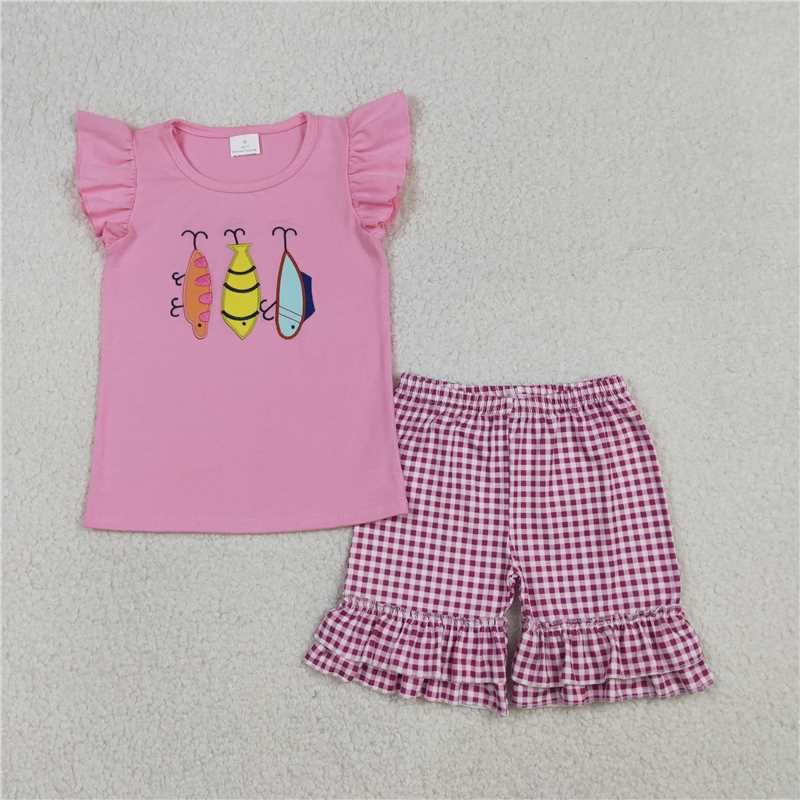 X12.29  GSSO2795 Embroidered Fishing Bait Short-Sleeve Rose Red Plaid Shorts Set