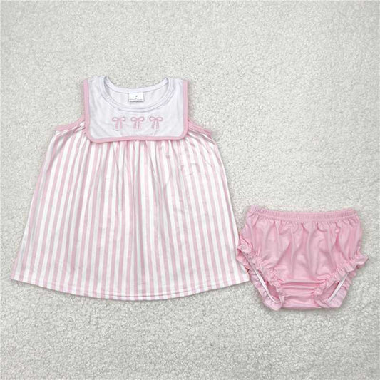 4.28  GBO0476 Embroidered bow pattern pink striped white sleeveless briefs set