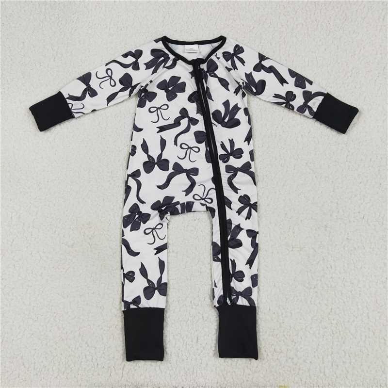 6.24 LR2253 Beige zip-up long-sleeved jumpsuit with black bow pattern