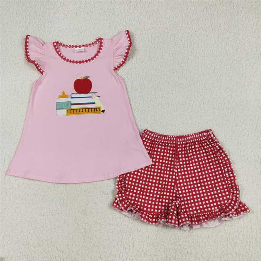 6.11  GSSO2069 Embroidered Back to School Apple Book Ruler Pink Flying Sleeve Red Plaid Shorts Set