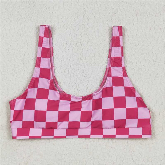 6.11 S0560 Adult female rose red plaid swimsuit vest