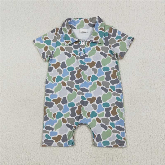 6.13 SR2980 Beige short-sleeved bodysuit with teal camouflage collar and buttons