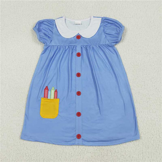 6.23 GSD1821 Back to School Crayon Yellow Pocket Doll Collar Blue and White Short Sleeve Dress