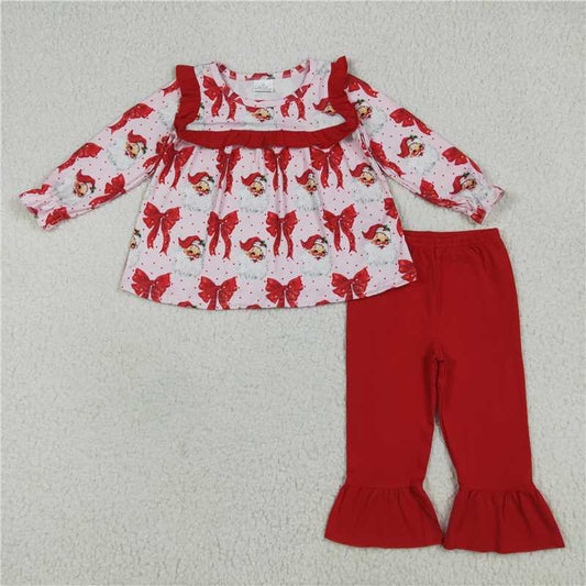 6.23GLP2347 Santa Claus red bow pattern lace long sleeve trousers suit