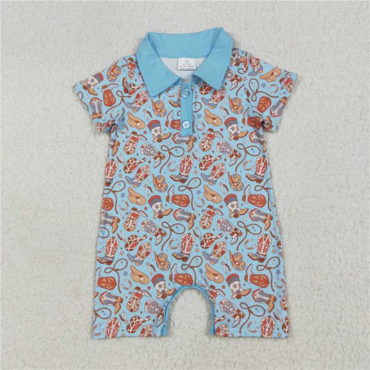 6.24 SR3128 Boots, cowboy hat, blue button short-sleeved jumpsuit