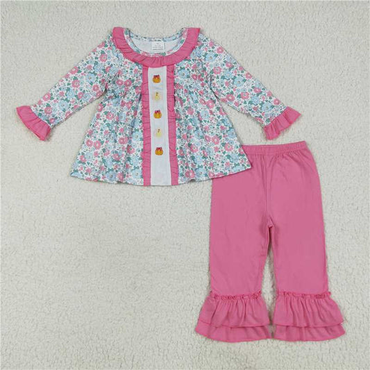 7.24  GLP2352 Embroidered Pumpkin Turkey Flower Pink Lace Long Sleeve Pants Set