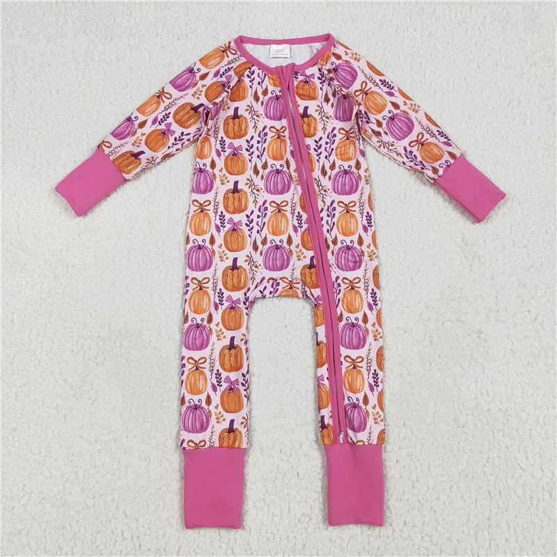 6.23 LR2270 Bowknot Pumpkin Leaf Rose Red Zipper Long Sleeve Bodysuit