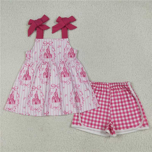 6.23 GSSO2582 Castle bow flower pink and white vertical stripes suspenders pink and white plaid shorts set