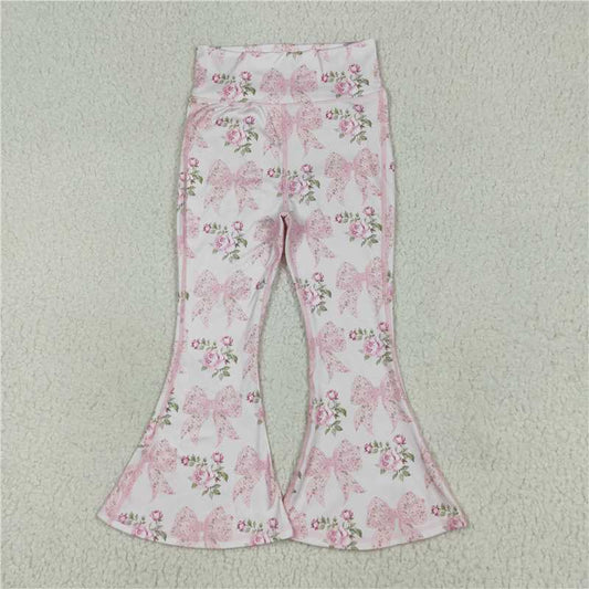 6.23 P0768 Pink yoga pants with floral pattern of flowers, leaves and bows