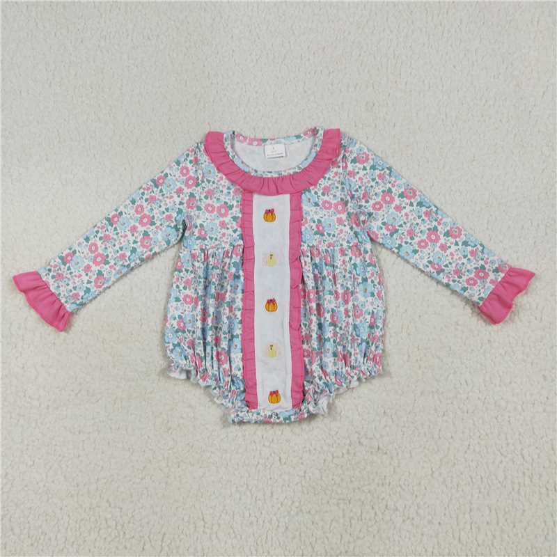 6.23  LR2219 Embroidered Pumpkin Turkey Flower Pink Lace Long Sleeve Bodysuit