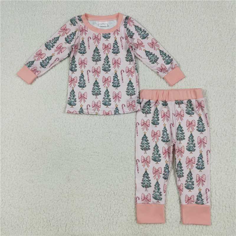 6.23 GLP2423 Candy cane bow pattern Christmas tree pink long-sleeved long pants pajama set