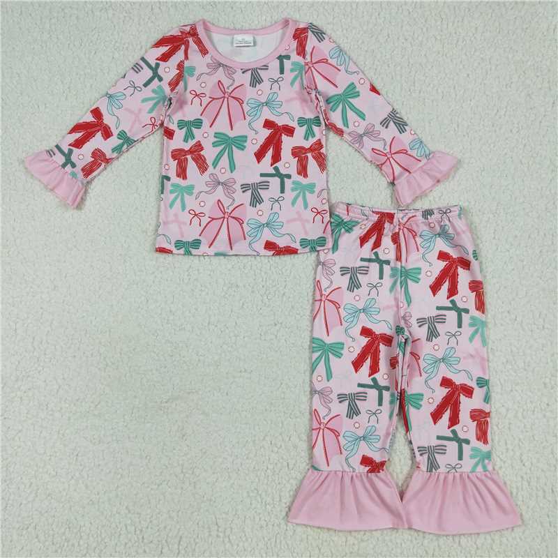 6.23 GLP2413 Pink lace bow pattern long-sleeved trousers pajama set