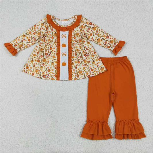 7.24 GLP2361 Embroidered bow pumpkin flower leaf orange lace long sleeve trousers suit