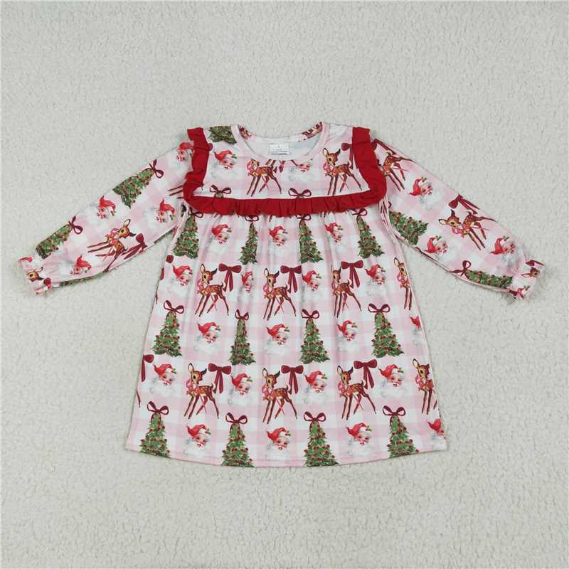 7.24 GLD1092 Santa Claus bow pattern deer red lace pink plaid long-sleeved dress