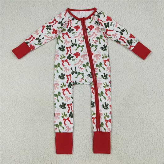 6.23 LR2203 Red and white long-sleeved zip-up jumpsuit with Christmas bow pattern