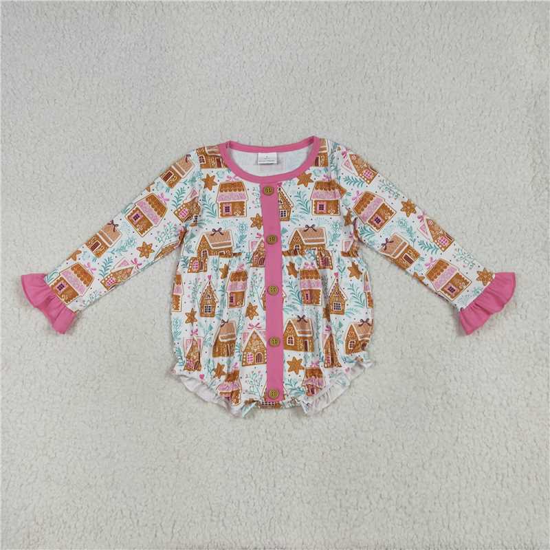 7.8 LR2282 Christmas Cookie House Rose Red Lace Button Long Sleeve Bodysuit