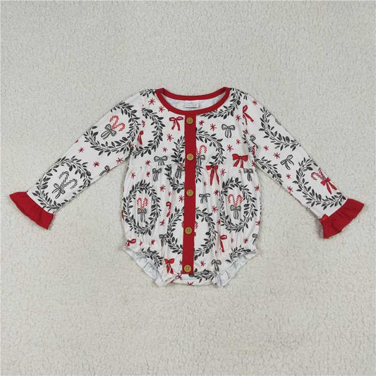 7.8 LR2252 Christmas wreath bow pattern red lace button long sleeve jumpsuit