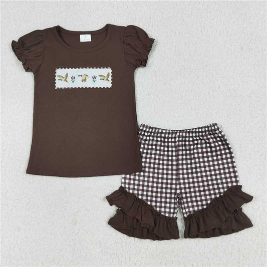7.24  GSSO2672 Embroidered duck brown short sleeve lace plaid shorts set