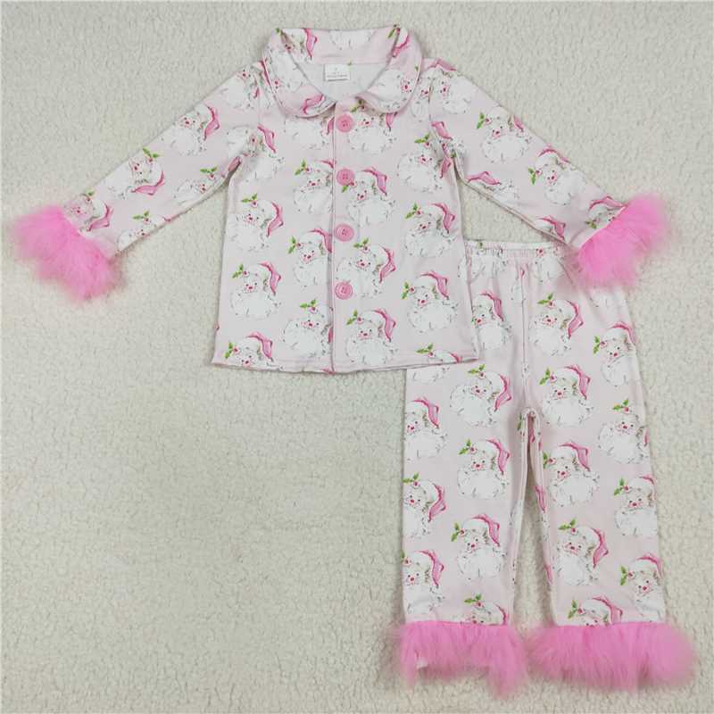7.25  GLP2376 Santa Claus pink plush edge long sleeve and long pants pajamas set