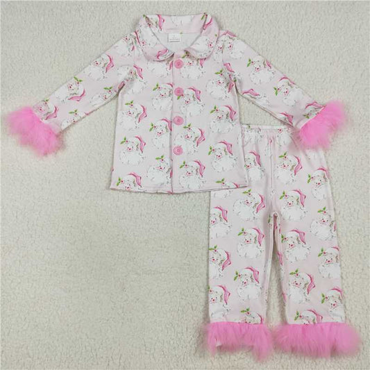 7.25  GLP2376 Santa Claus pink plush edge long sleeve and long pants pajamas set