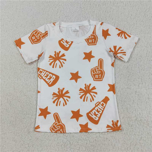 7.23  GT1090 Cheer orange fireworks star white short-sleeved top