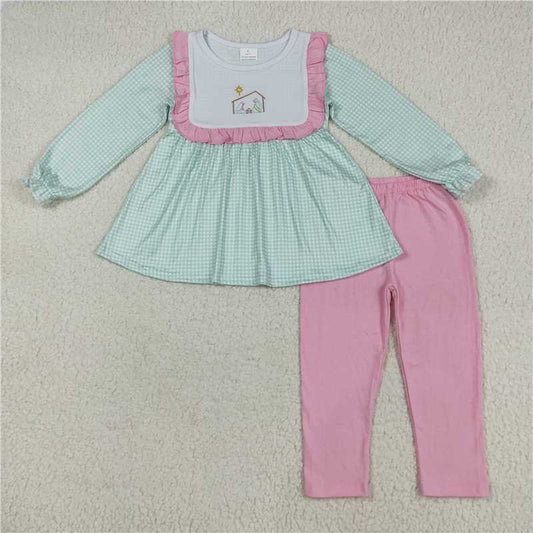 7.25 GLP2410 Embroidered Christmas Jesus pink lace green plaid long sleeve trousers suit